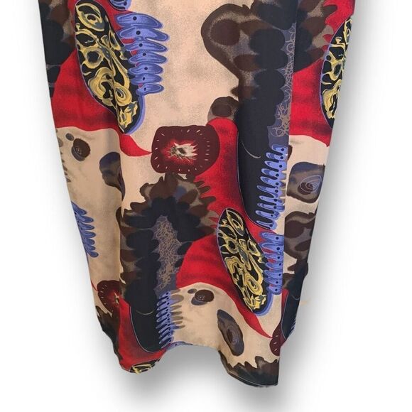 Vintage Dress Maxi Cream Red Brown Printed Abstract Art Sleeveless Scoop Neck - Picture 3 of 10